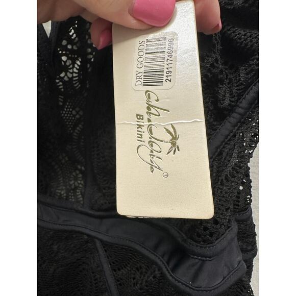 NWT Cabo Cali Black Crochet Lace One Piece Swimsuit L – Deep V & Open Back - Picture 6 of 11